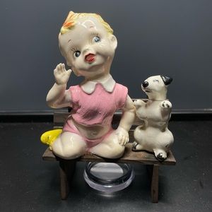 Nipper The Victrola Dog W/ Kitschy Blonde Baby On A Bench Figurine